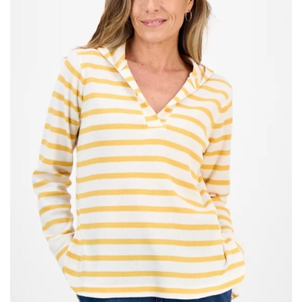 Style & Co Women's Relaxed-Fit Henley Hoodie Top Egg Saffron Petite Size PXL